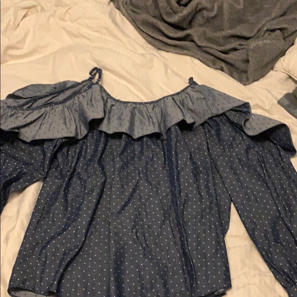 Cold shoulder denim and white polka dot shirt